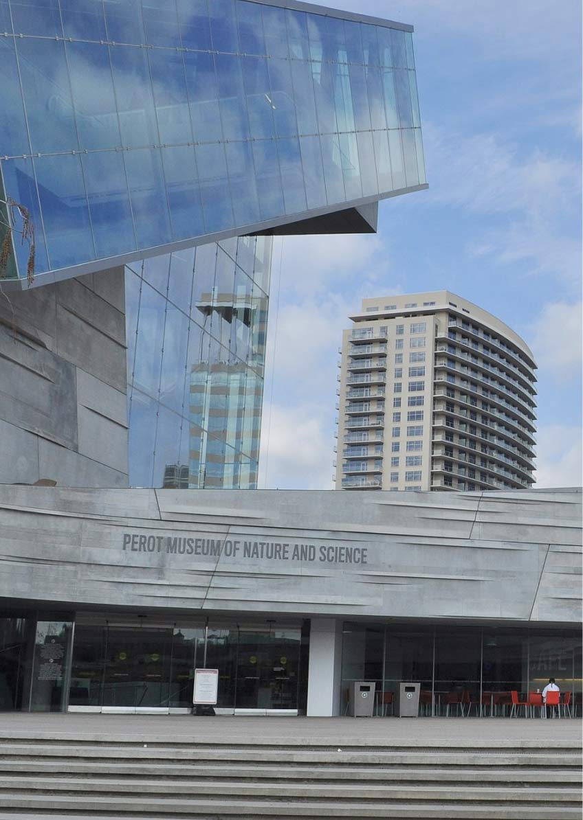 The exterior of the Perot Museum of Nature and Science building, located in Dallas, Texas.